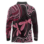 Australia Indigenous Mix Polynesian Long Sleeve Polo Shirt Pink Ribbon and Dragonflies - Aussie Hoodie