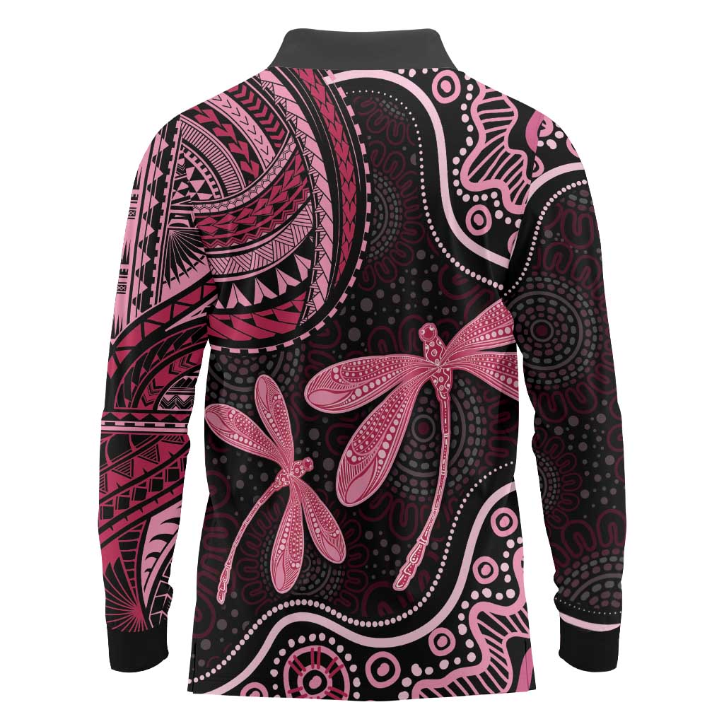 Australia Indigenous Mix Polynesian Long Sleeve Polo Shirt Pink Ribbon and Dragonflies - Aussie Hoodie
