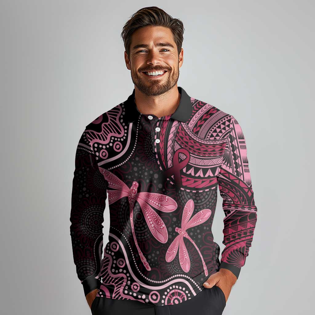 Australia Indigenous Mix Polynesian Long Sleeve Polo Shirt Pink Ribbon and Dragonflies - Aussie Hoodie