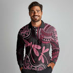 Australia Indigenous Mix Polynesian Long Sleeve Polo Shirt Pink Ribbon and Dragonflies - Aussie Hoodie