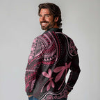 Australia Indigenous Mix Polynesian Long Sleeve Polo Shirt Pink Ribbon and Dragonflies - Aussie Hoodie