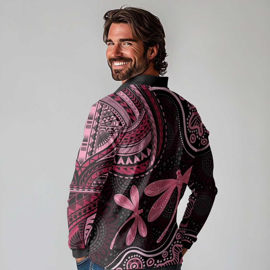Australia Indigenous Mix Polynesian Long Sleeve Polo Shirt Pink Ribbon and Dragonflies - Aussie Hoodie