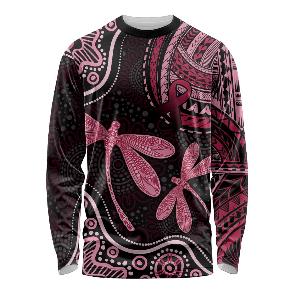 Australia Indigenous Mix Polynesian Long Sleeve Shirt Pink Ribbon and Dragonflies - Aussie Hoodie