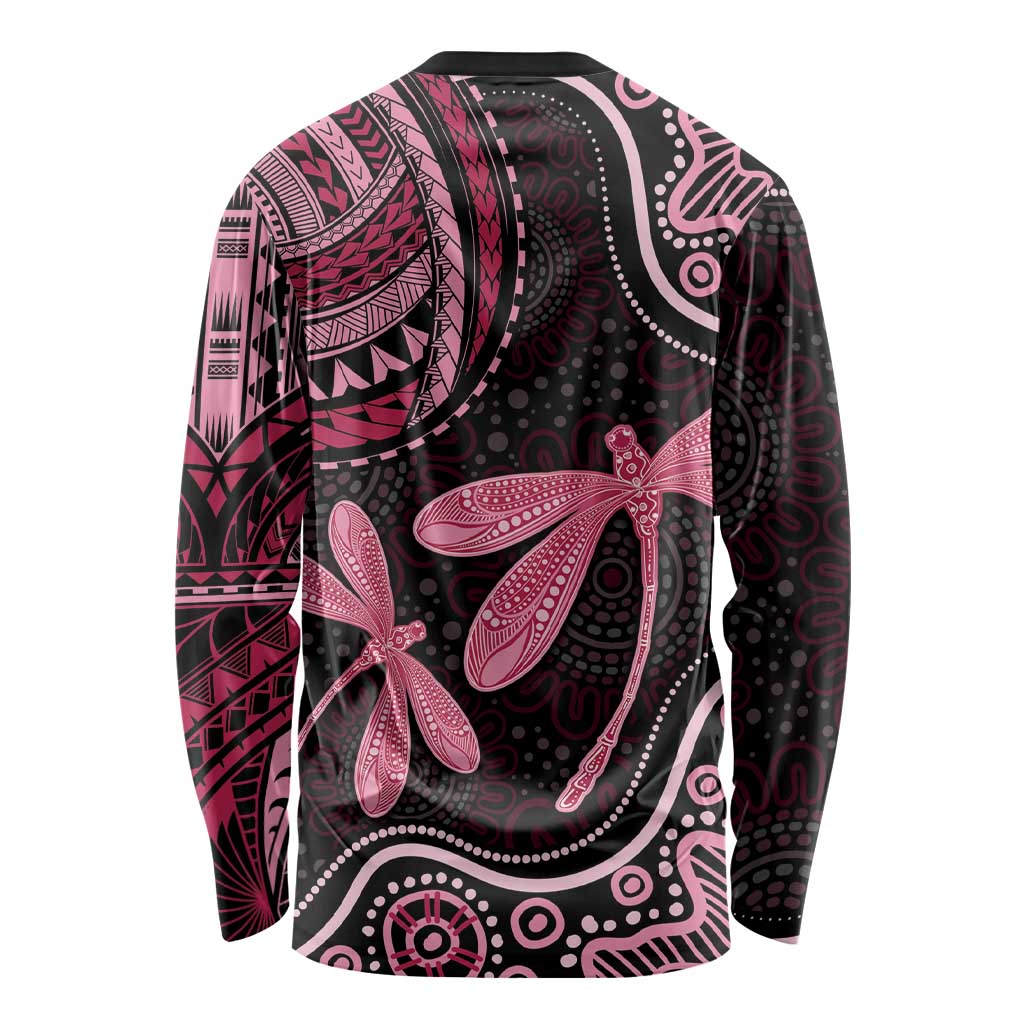 Australia Indigenous Mix Polynesian Long Sleeve Shirt Pink Ribbon and Dragonflies - Aussie Hoodie
