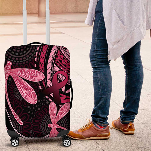 Australia Indigenous Mix Polynesian Luggage Cover Pink Ribbon and Dragonflies - Aussie Hoodie