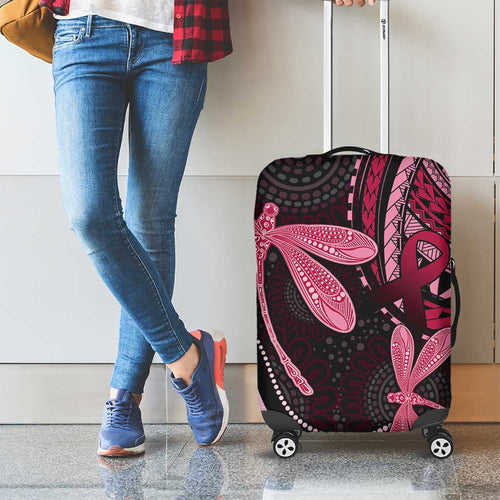 Australia Indigenous Mix Polynesian Luggage Cover Pink Ribbon and Dragonflies - Aussie Hoodie