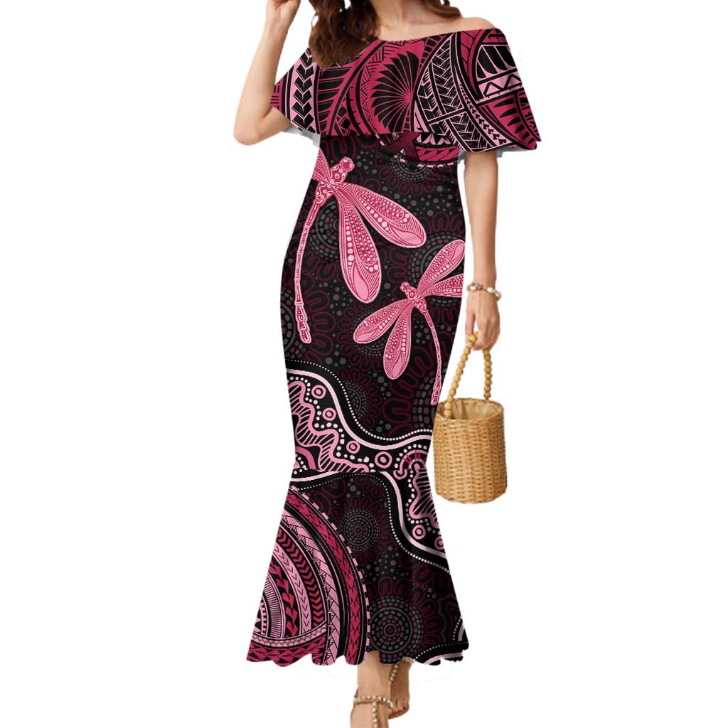 Australia Indigenous Mix Polynesian Mermaid Dress Pink Ribbon and Dragonflies - Aussie Hoodie