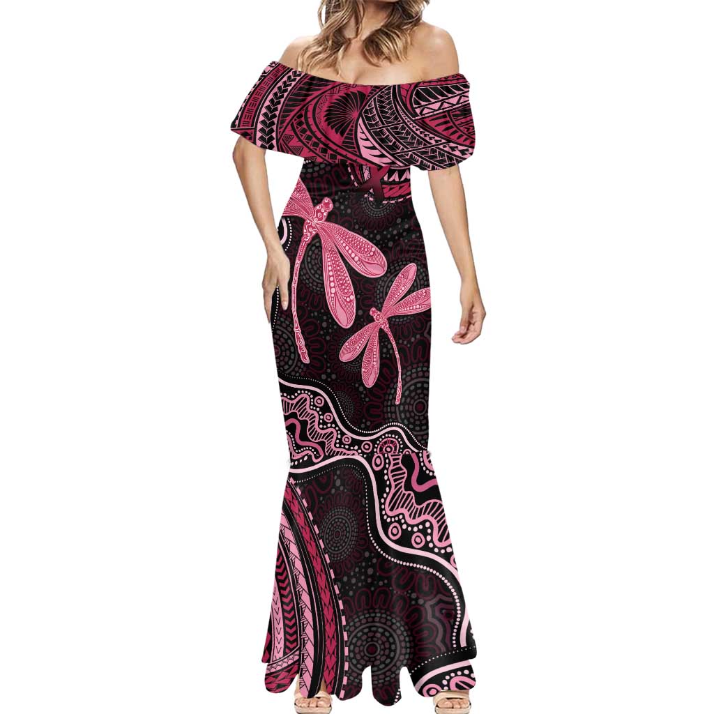 Australia Indigenous Mix Polynesian Mermaid Dress Pink Ribbon and Dragonflies - Aussie Hoodie