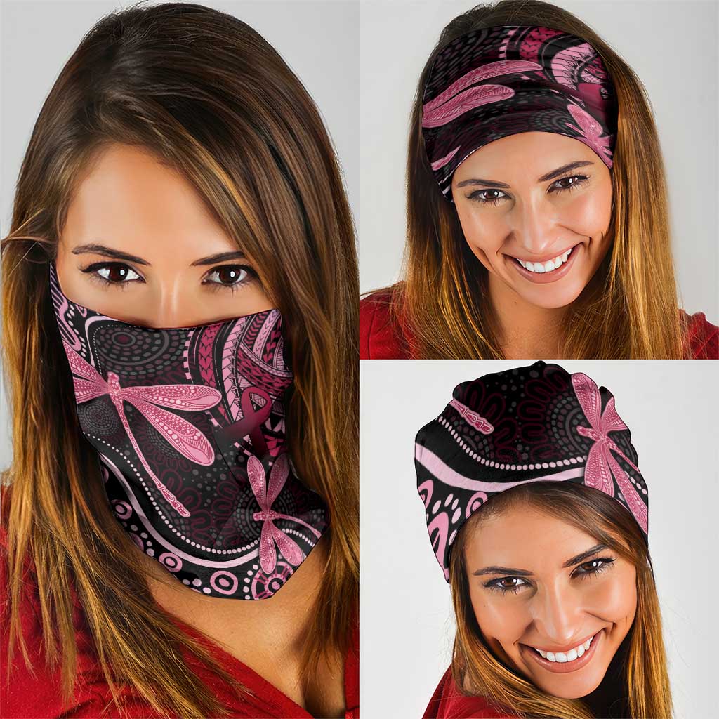 Australia Indigenous Mix Polynesian Neck Gaiter Pink Ribbon and Dragonflies - Aussie Hoodie