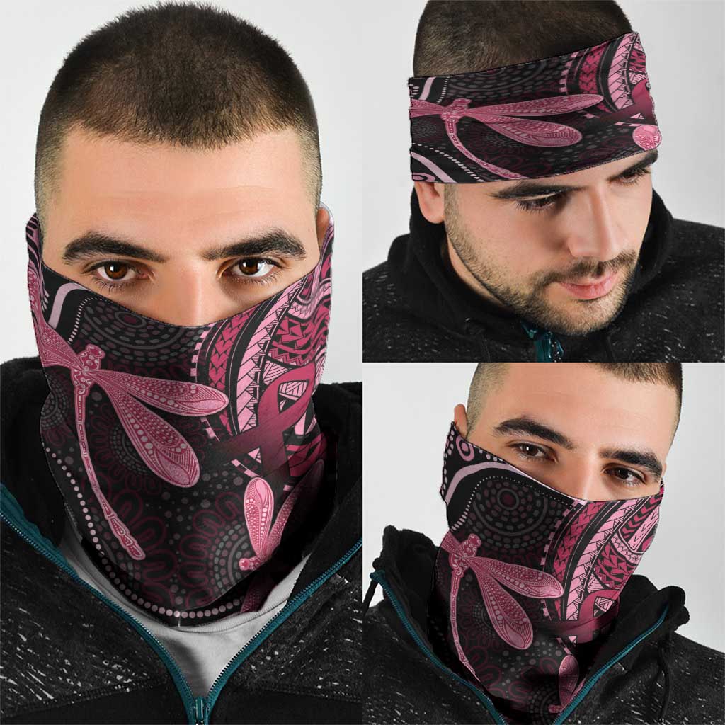 Australia Indigenous Mix Polynesian Neck Gaiter Pink Ribbon and Dragonflies - Aussie Hoodie