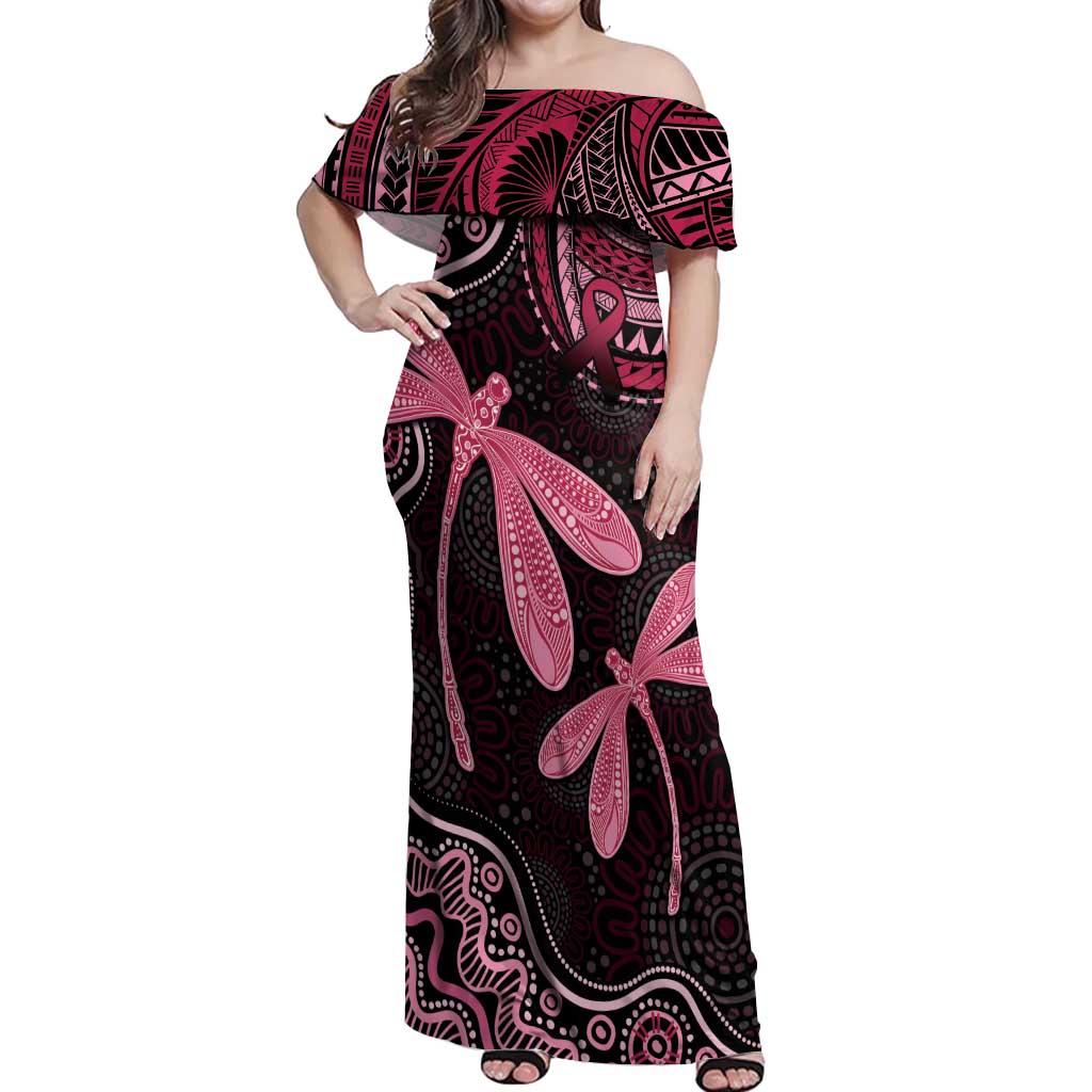 Australia Indigenous Mix Polynesian Off Shoulder Maxi Dress Pink Ribbon and Dragonflies - Aussie Hoodie