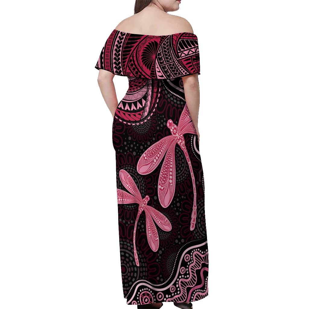 Australia Indigenous Mix Polynesian Off Shoulder Maxi Dress Pink Ribbon and Dragonflies - Aussie Hoodie