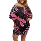 Australia Indigenous Mix Polynesian Off Shoulder Short Dress Pink Ribbon and Dragonflies - Aussie Hoodie