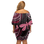 Australia Indigenous Mix Polynesian Off Shoulder Short Dress Pink Ribbon and Dragonflies - Aussie Hoodie