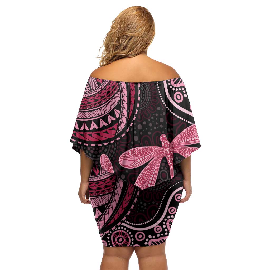 Australia Indigenous Mix Polynesian Off Shoulder Short Dress Pink Ribbon and Dragonflies - Aussie Hoodie