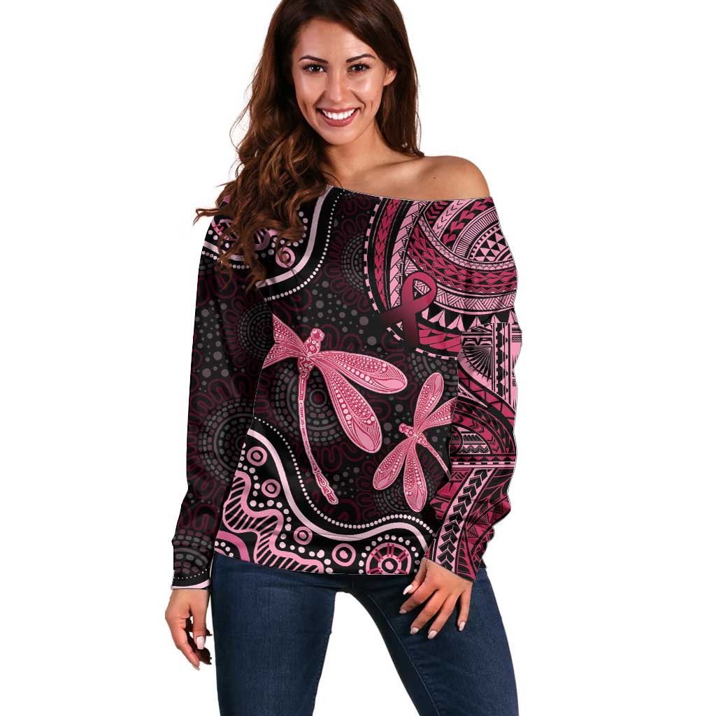 Australia Indigenous Mix Polynesian Off Shoulder Sweater Pink Ribbon and Dragonflies - Aussie Hoodie