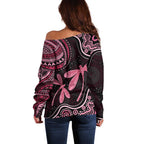 Australia Indigenous Mix Polynesian Off Shoulder Sweater Pink Ribbon and Dragonflies - Aussie Hoodie