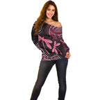 Australia Indigenous Mix Polynesian Off Shoulder Sweater Pink Ribbon and Dragonflies - Aussie Hoodie