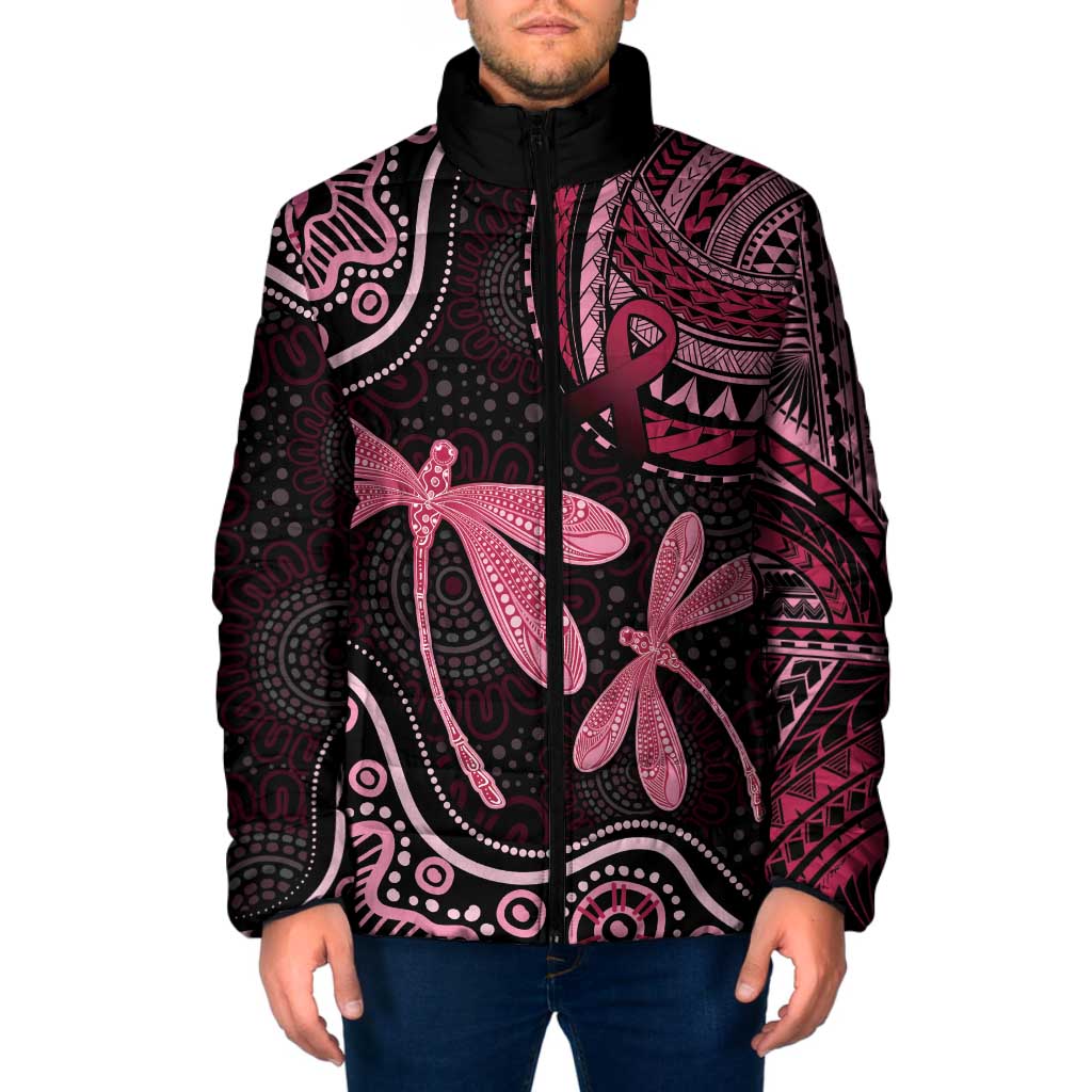 Australia Indigenous Mix Polynesian Padded Jacket Pink Ribbon and Dragonflies - Aussie Hoodie