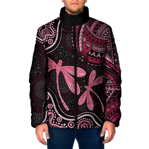 Australia Indigenous Mix Polynesian Padded Jacket Pink Ribbon and Dragonflies - Aussie Hoodie