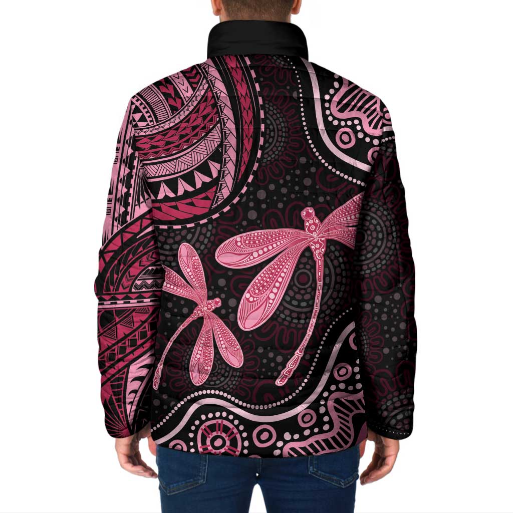 Australia Indigenous Mix Polynesian Padded Jacket Pink Ribbon and Dragonflies - Aussie Hoodie