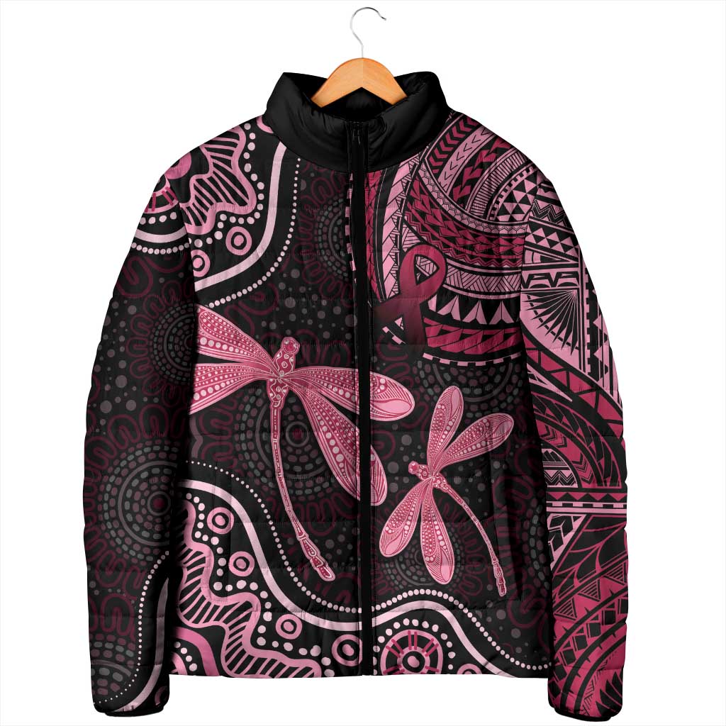 Australia Indigenous Mix Polynesian Padded Jacket Pink Ribbon and Dragonflies - Aussie Hoodie