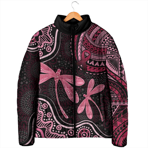 Australia Indigenous Mix Polynesian Padded Jacket Pink Ribbon and Dragonflies - Aussie Hoodie