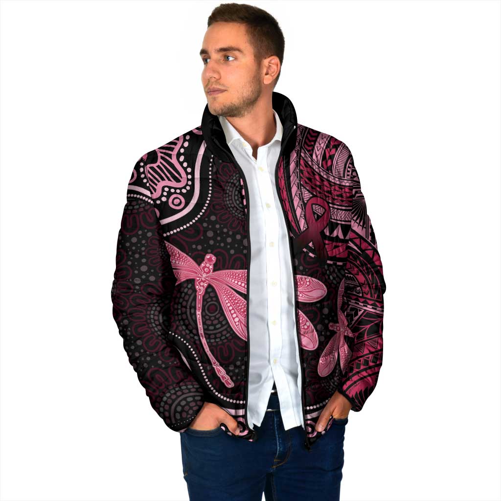 Australia Indigenous Mix Polynesian Padded Jacket Pink Ribbon and Dragonflies - Aussie Hoodie