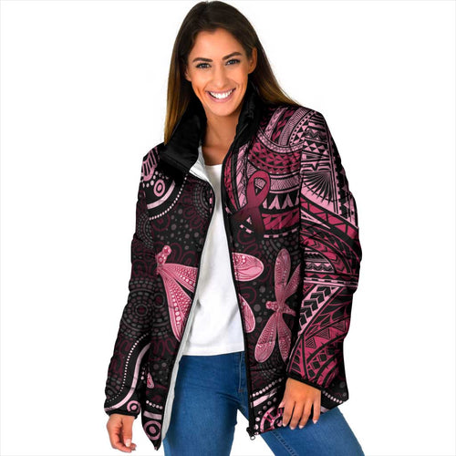 Australia Indigenous Mix Polynesian Padded Jacket Pink Ribbon and Dragonflies - Aussie Hoodie