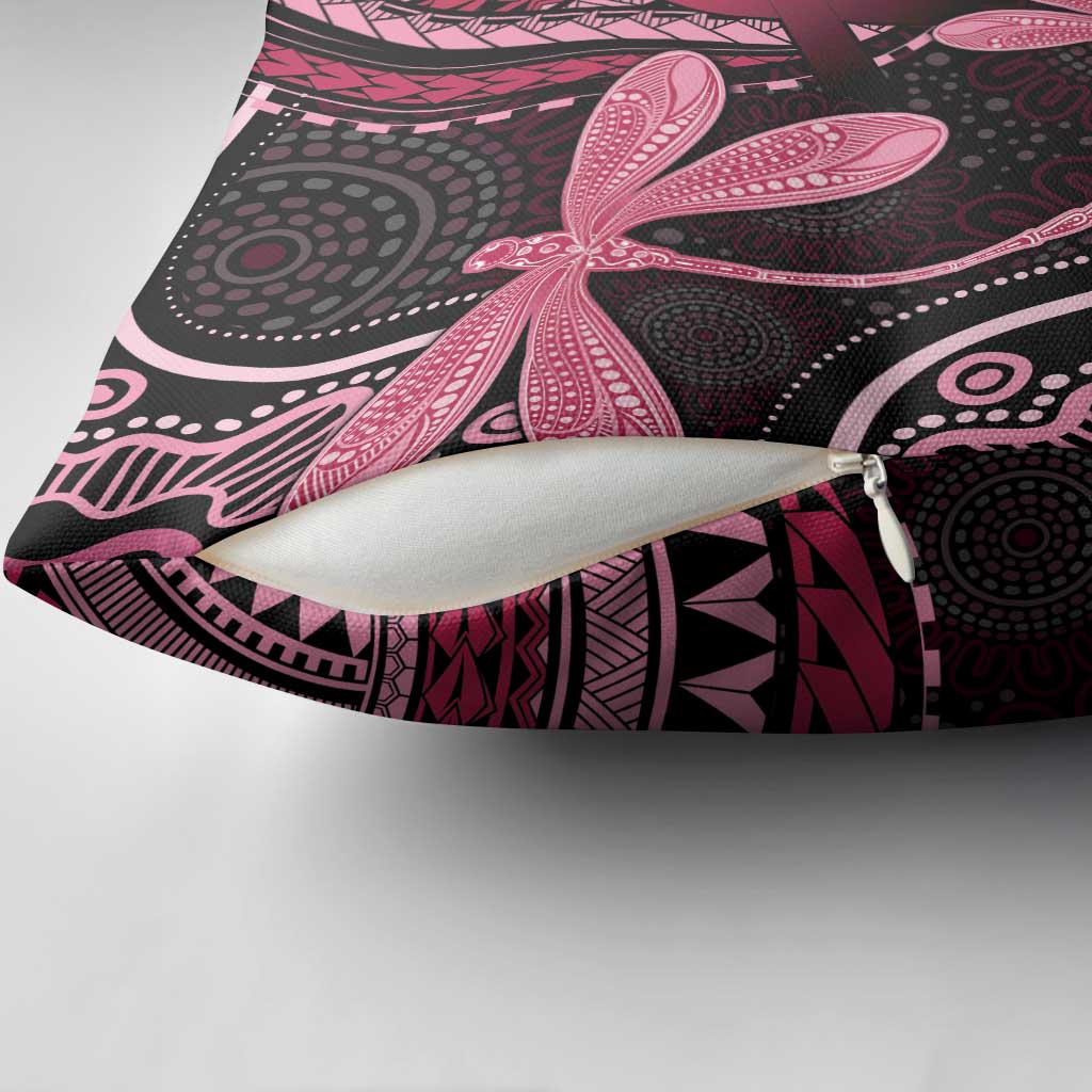 Australia Indigenous Mix Polynesian Pillow Cover Pink Ribbon and Dragonflies - Aussie Hoodie