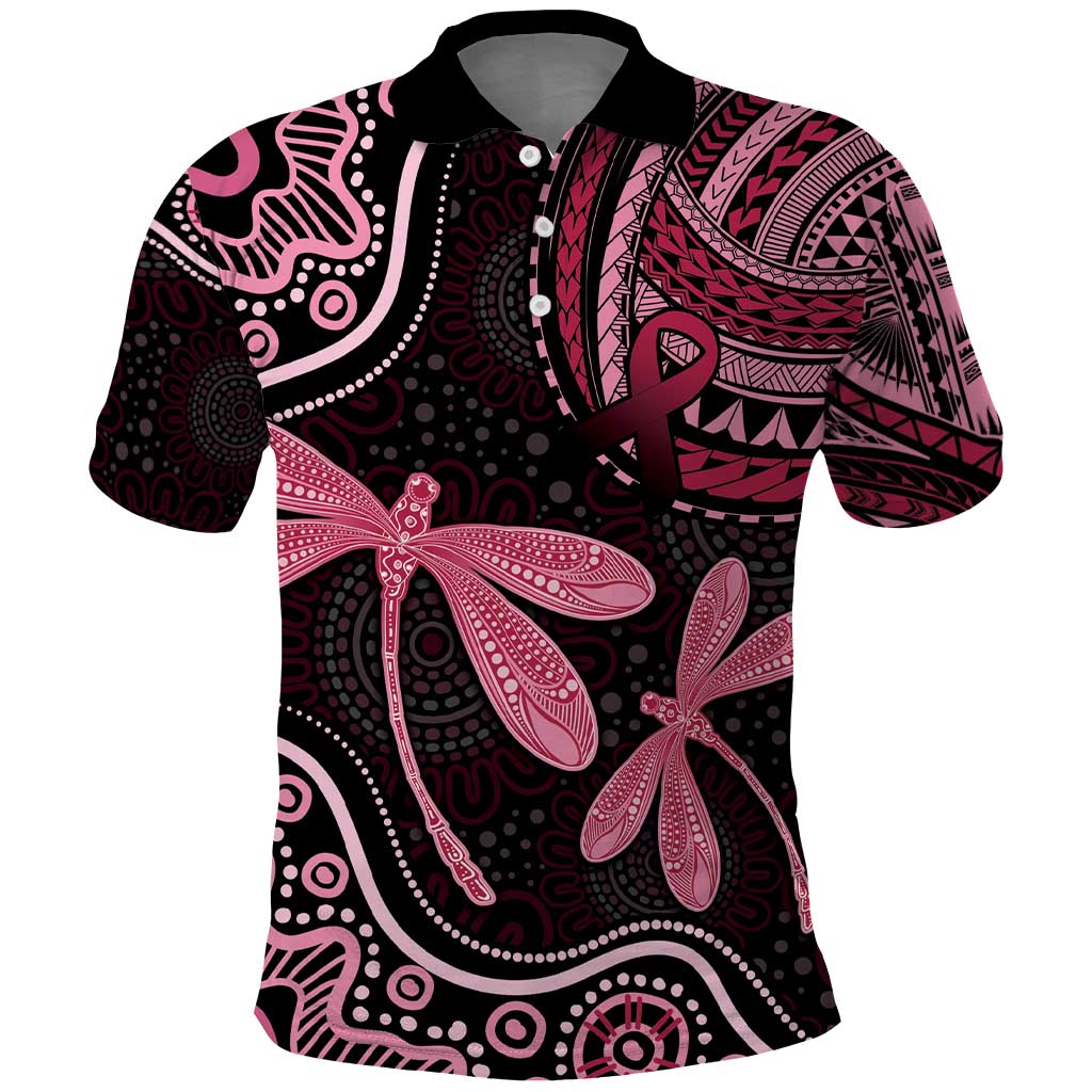 Australia Indigenous Mix Polynesian Polo Shirt Pink Ribbon and Dragonflies - Aussie Hoodie