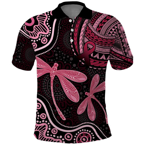 Australia Indigenous Mix Polynesian Polo Shirt Pink Ribbon and Dragonflies - Aussie Hoodie