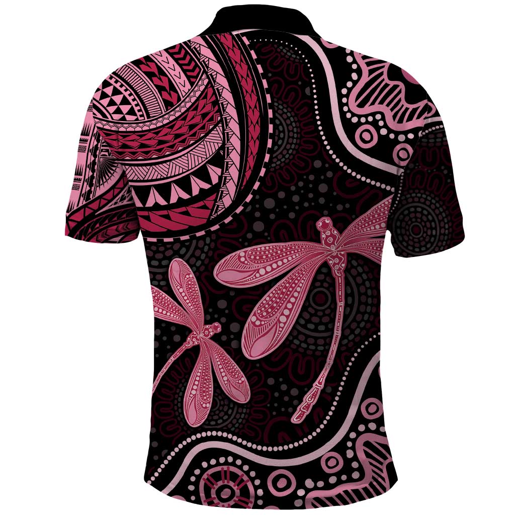 Australia Indigenous Mix Polynesian Polo Shirt Pink Ribbon and Dragonflies - Aussie Hoodie