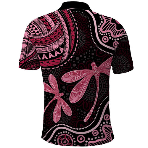 Australia Indigenous Mix Polynesian Polo Shirt Pink Ribbon and Dragonflies - Aussie Hoodie