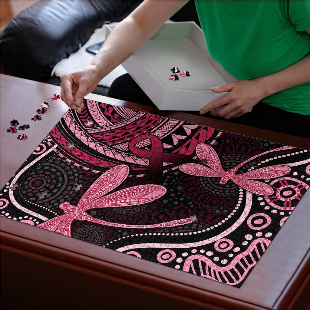 Australia Indigenous Mix Polynesian Puzzle Pink Ribbon and Dragonflies - Aussie Hoodie