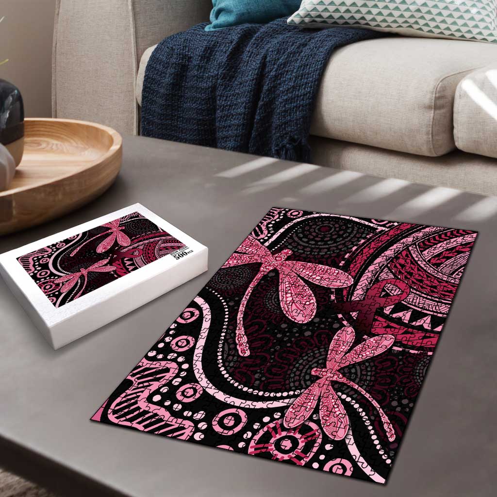 Australia Indigenous Mix Polynesian Puzzle Pink Ribbon and Dragonflies - Aussie Hoodie