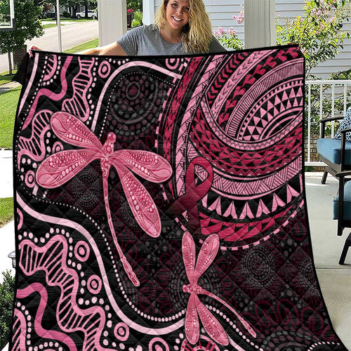 Australia Indigenous Mix Polynesian Quilt Pink Ribbon and Dragonflies - Aussie Hoodie