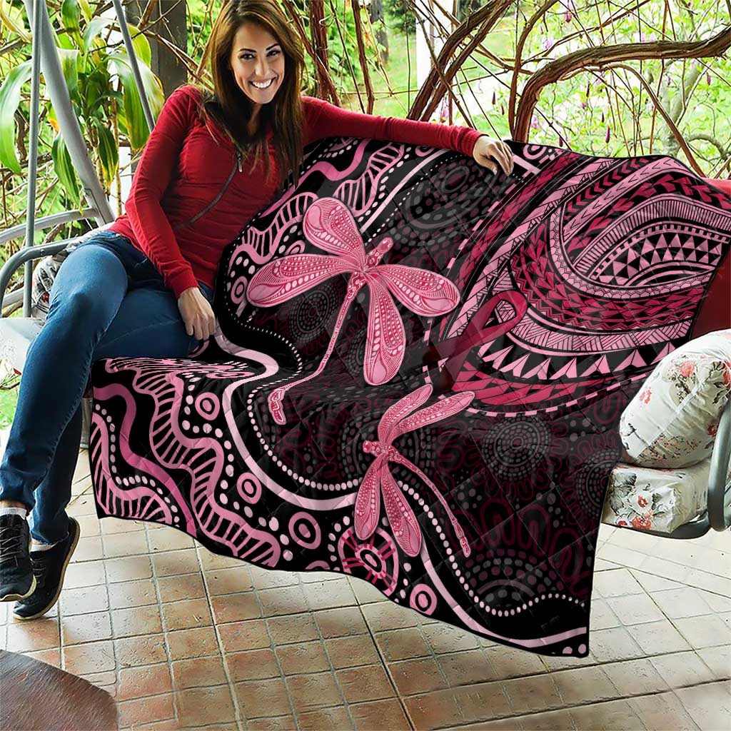 Australia Indigenous Mix Polynesian Quilt Pink Ribbon and Dragonflies - Aussie Hoodie