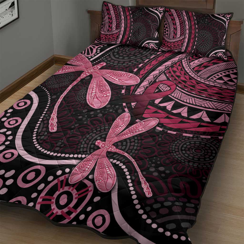 Australia Indigenous Mix Polynesian Quilt Bed Set Pink Ribbon and Dragonflies - Aussie Hoodie