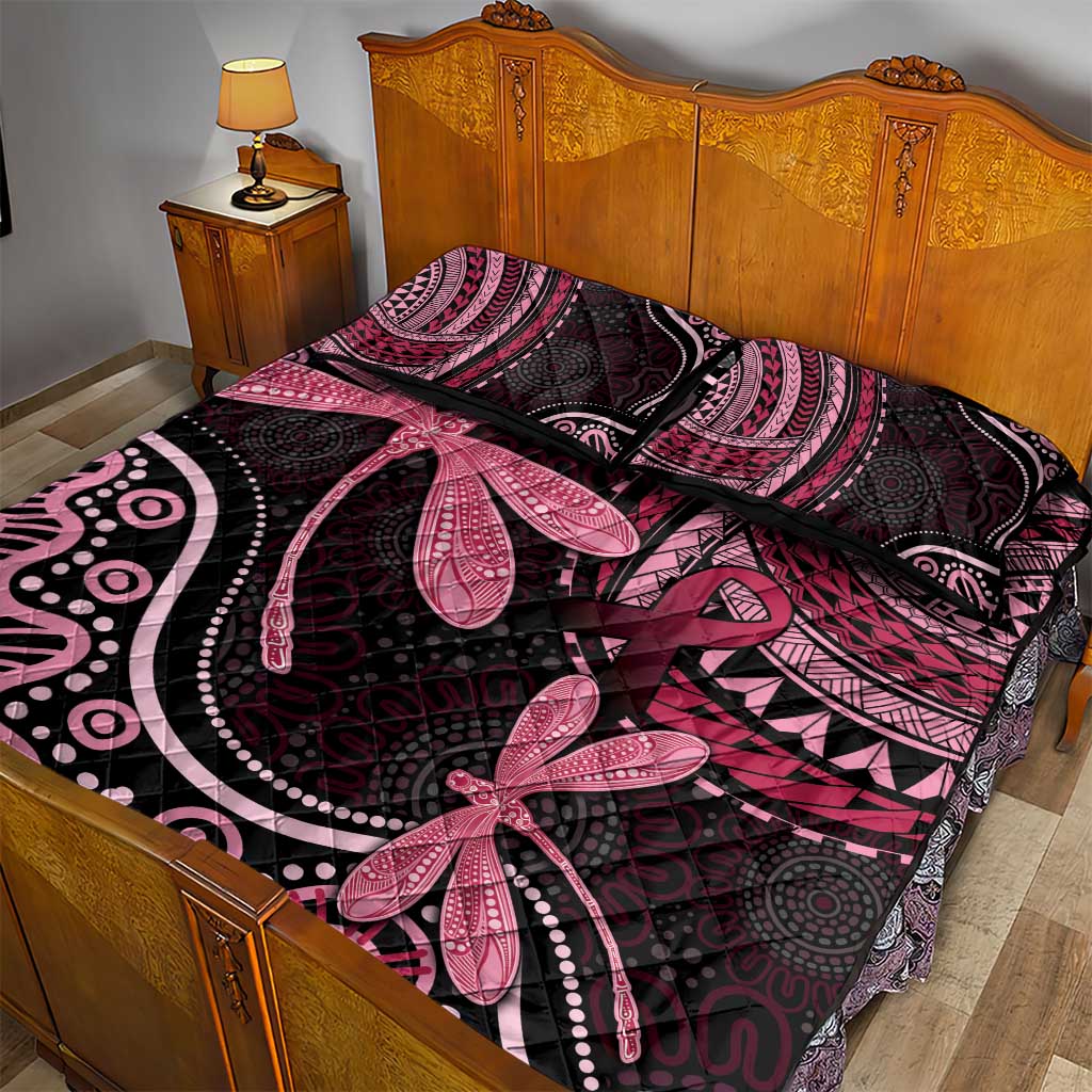 Australia Indigenous Mix Polynesian Quilt Bed Set Pink Ribbon and Dragonflies - Aussie Hoodie