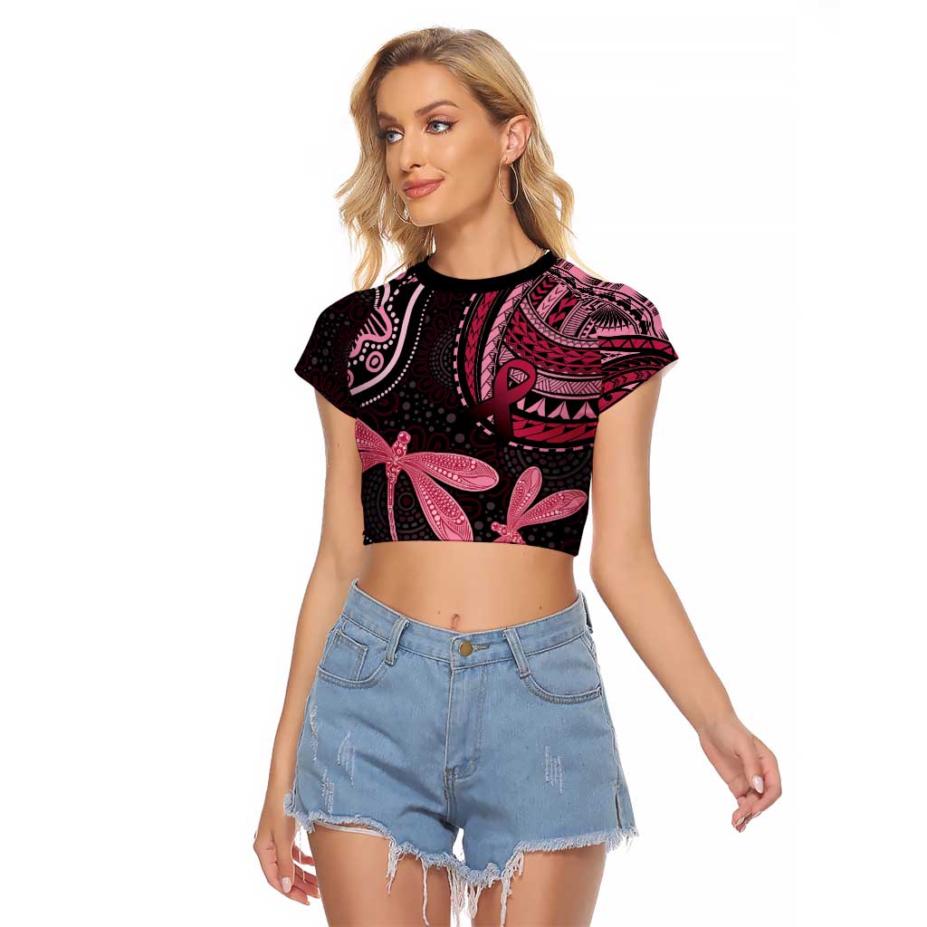 Australia Indigenous Mix Polynesian Raglan Cropped T Shirt Pink Ribbon and Dragonflies - Aussie Hoodie