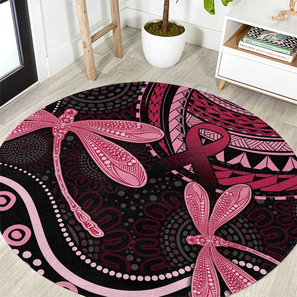 Australia Indigenous Mix Polynesian Round Carpet Pink Ribbon and Dragonflies - Aussie Hoodie