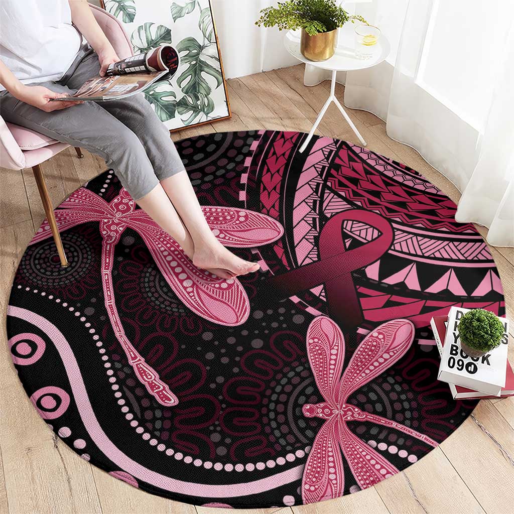 Australia Indigenous Mix Polynesian Round Carpet Pink Ribbon and Dragonflies - Aussie Hoodie