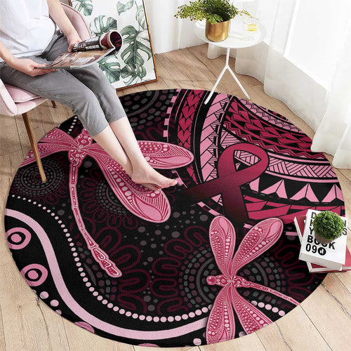 Australia Indigenous Mix Polynesian Round Carpet Pink Ribbon and Dragonflies - Aussie Hoodie