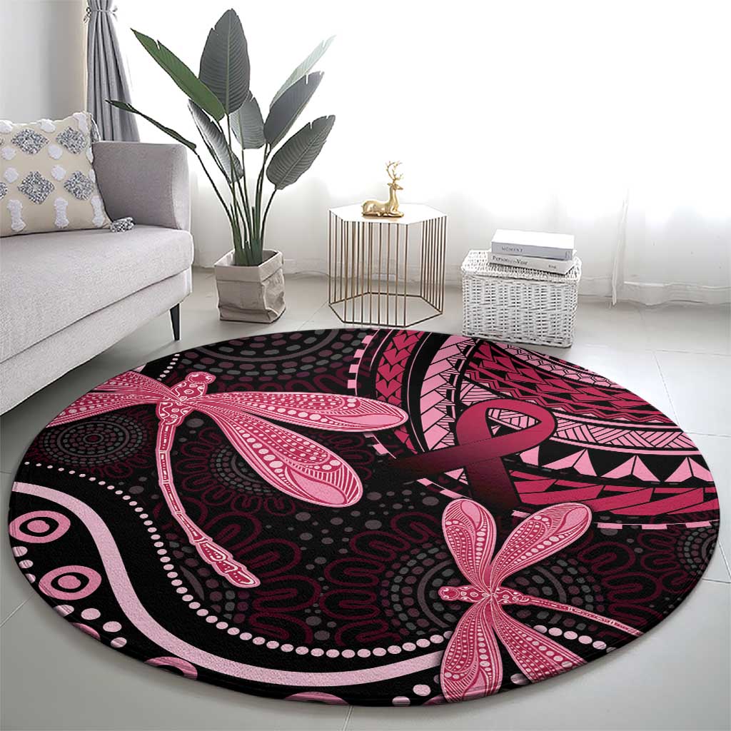 Australia Indigenous Mix Polynesian Round Carpet Pink Ribbon and Dragonflies - Aussie Hoodie