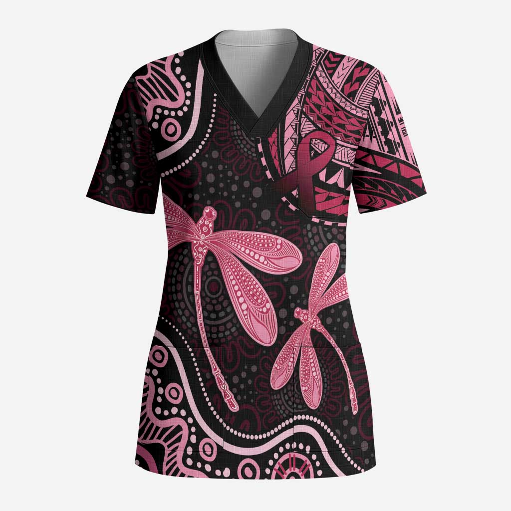 Australia Indigenous Mix Polynesian Scrub Top Pink Ribbon and Dragonflies - Aussie Hoodie