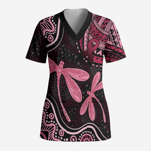 Australia Indigenous Mix Polynesian Scrub Top Pink Ribbon and Dragonflies - Aussie Hoodie