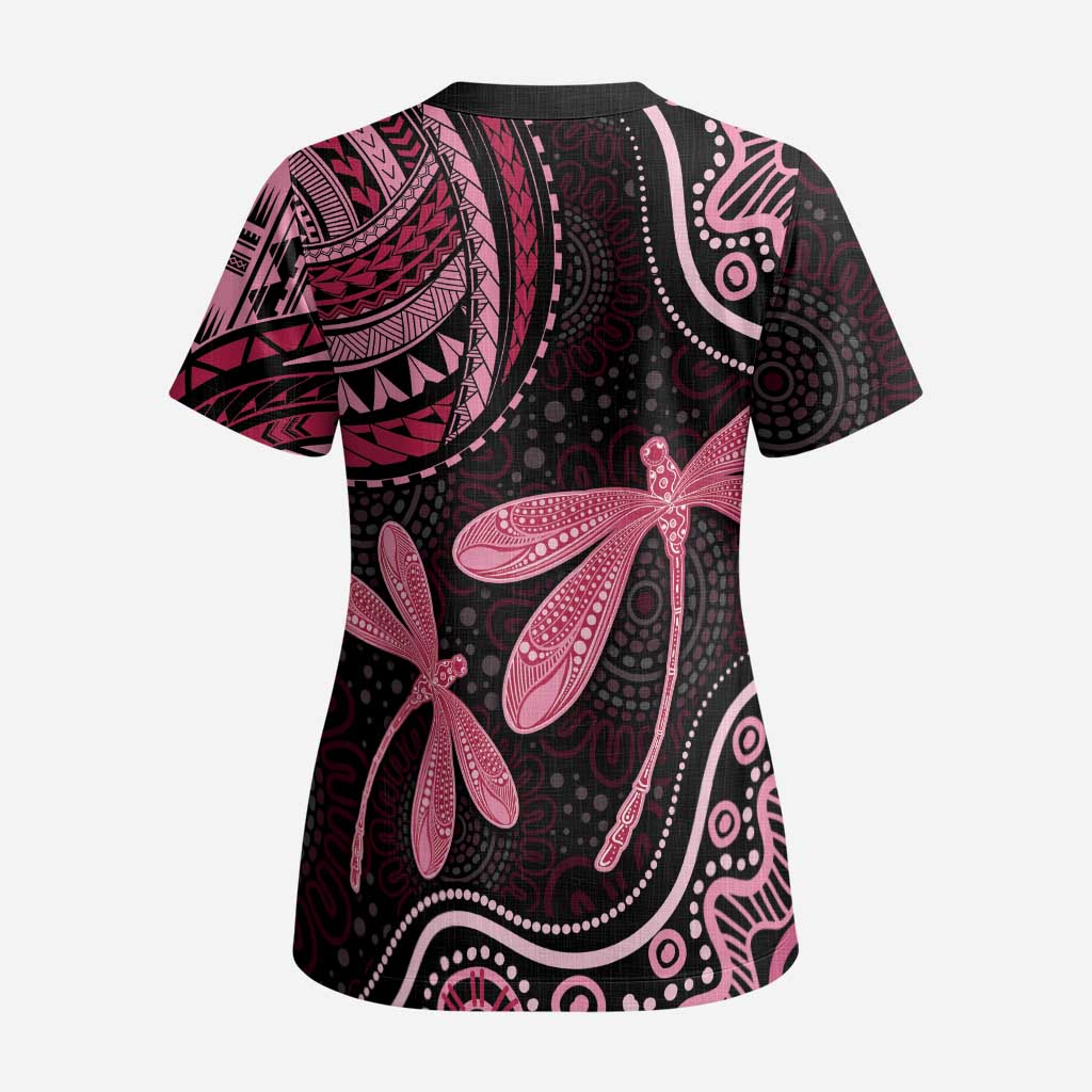 Australia Indigenous Mix Polynesian Scrub Top Pink Ribbon and Dragonflies - Aussie Hoodie