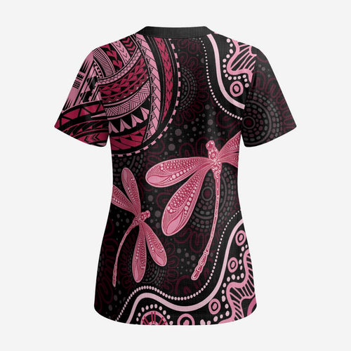 Australia Indigenous Mix Polynesian Scrub Top Pink Ribbon and Dragonflies - Aussie Hoodie