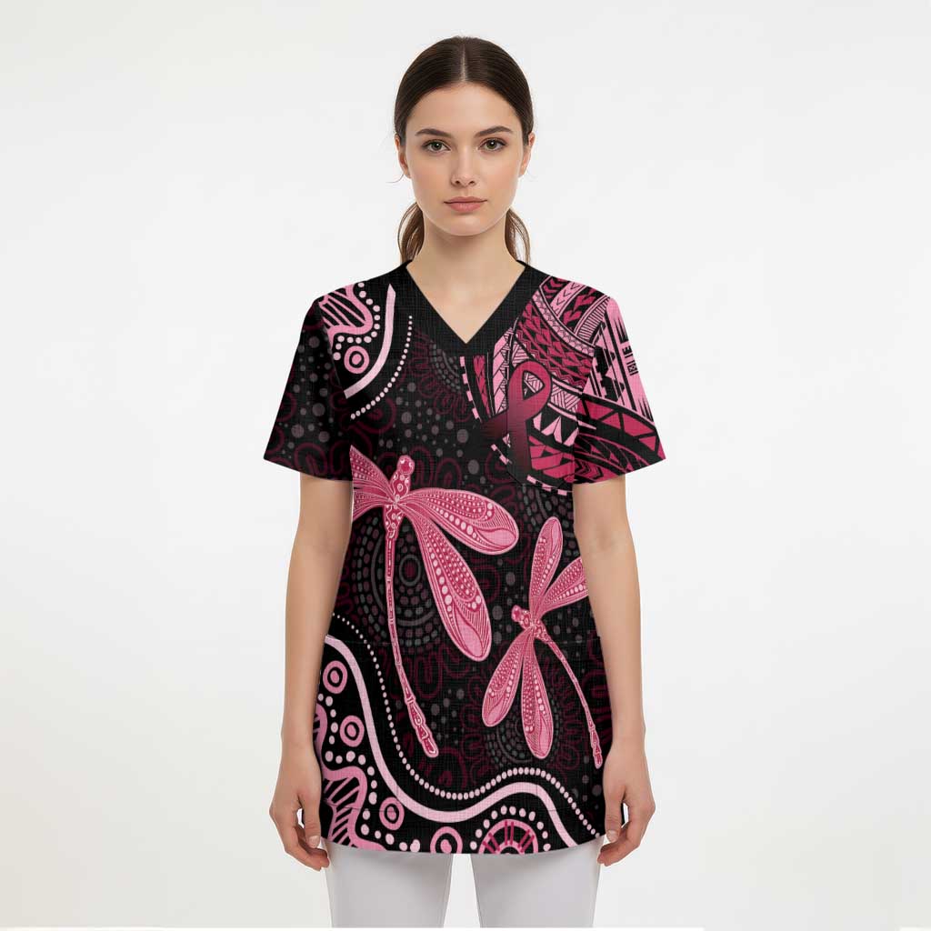 Australia Indigenous Mix Polynesian Scrub Top Pink Ribbon and Dragonflies - Aussie Hoodie